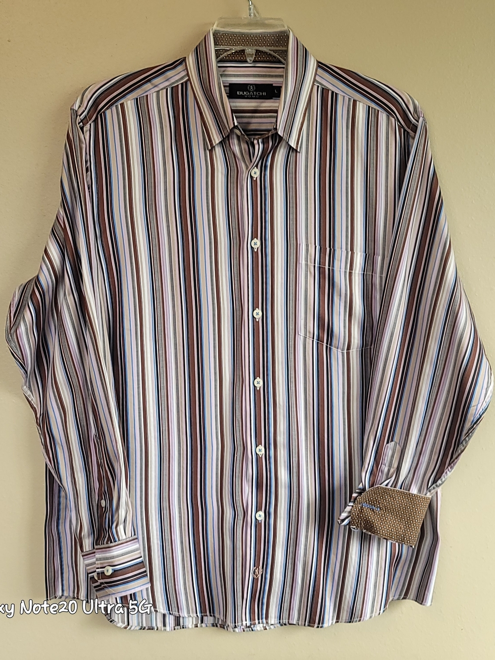 Bugatchi Uomo Mens Long Sleeve Stripe Dress Shirt M Brown Blue Flip Cuff L